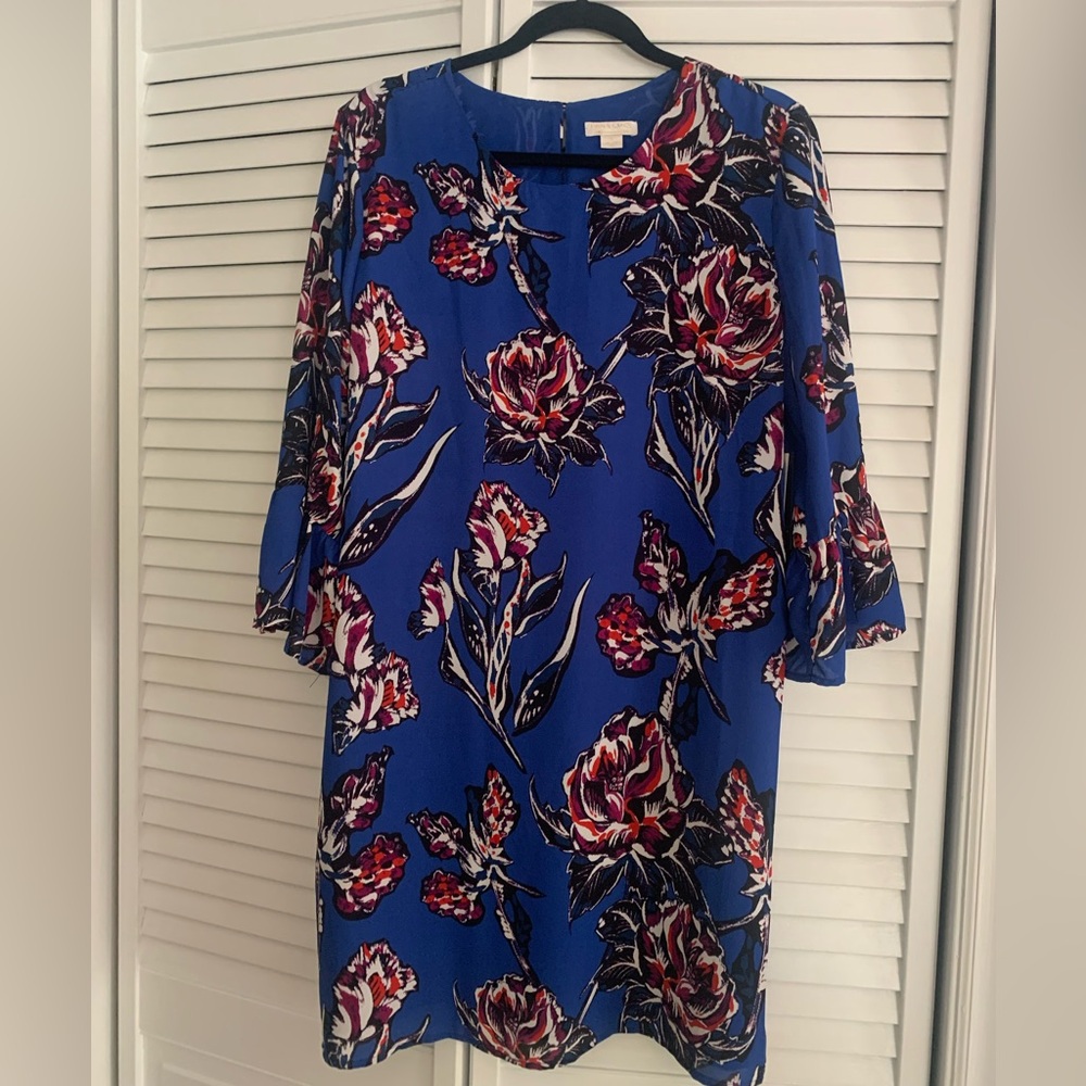 Deep Blue Floral Dress with 3/4 Ruffle Sleeves